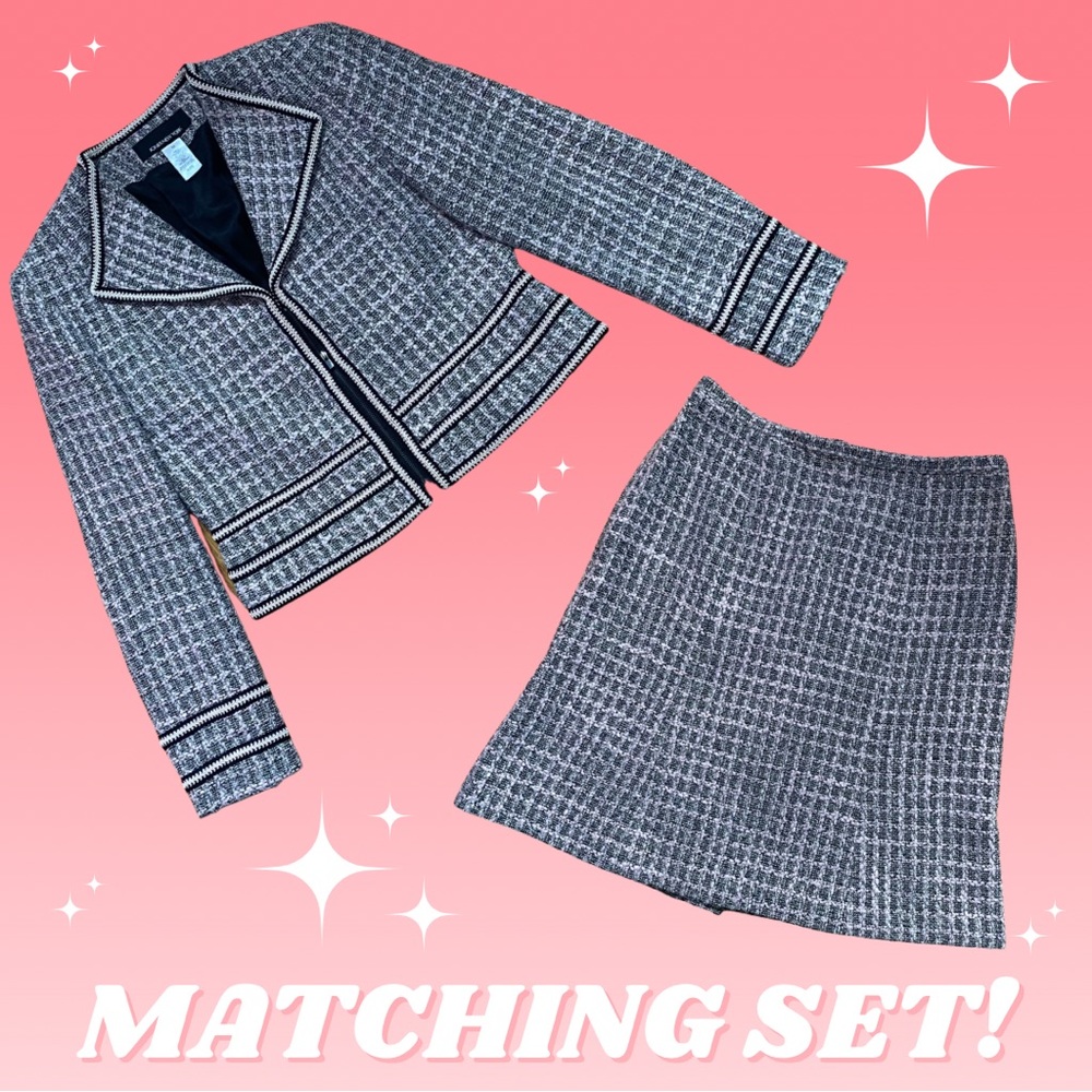 Vintage Y2K Preppy Academia MATCHING SET Tweed Checker Blazer Mini Skirt 10